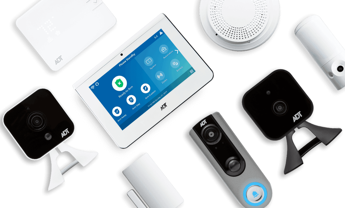 ADT security equipment: touchscreen control panel, cameras, doorbell camera and sensors