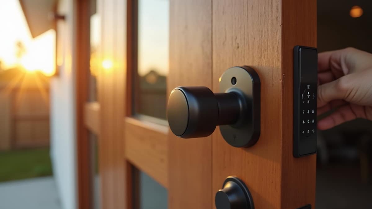A smartphone displaying a smart lock control app next to a front door with a smart deadbolt lock installed