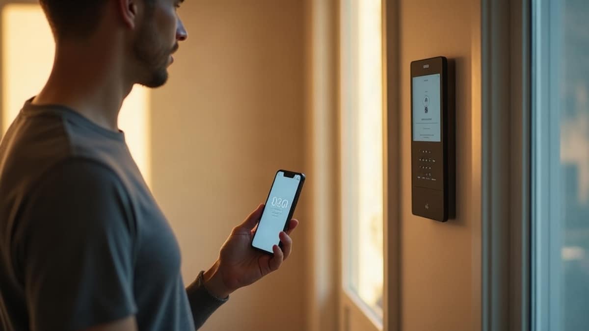 Side-by-side comparison of a professionally installed ADT security panel and a DIY Cove sensor kit on a kitchen counter