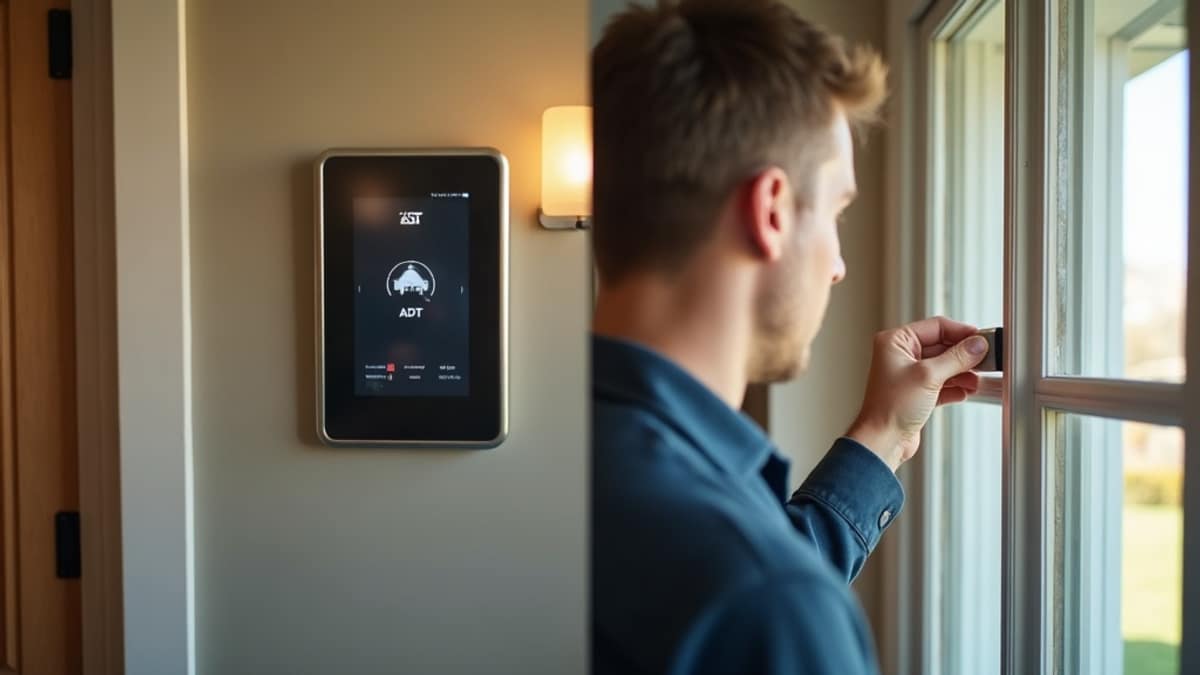 Split image comparing a professionally installed ADT security panel with a DIY Cove sensor being placed on a window