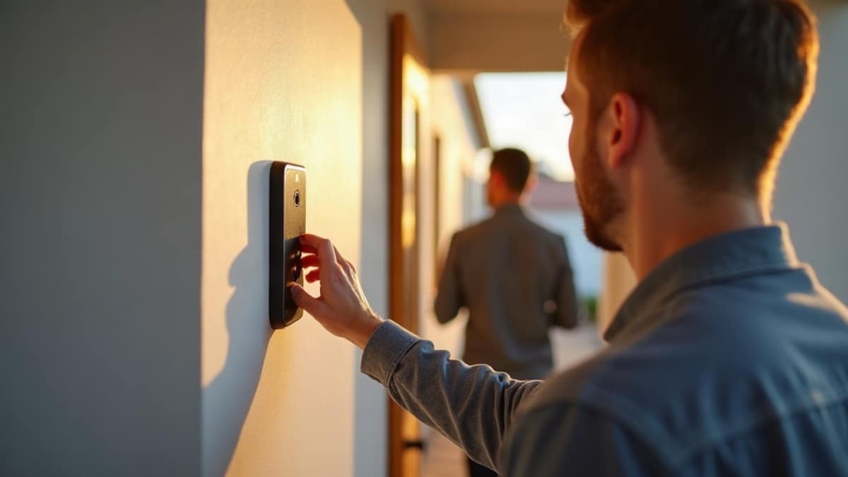 A professional security technician installing a door sensor and control panel in a modern home during a scheduled ADT installation appointment