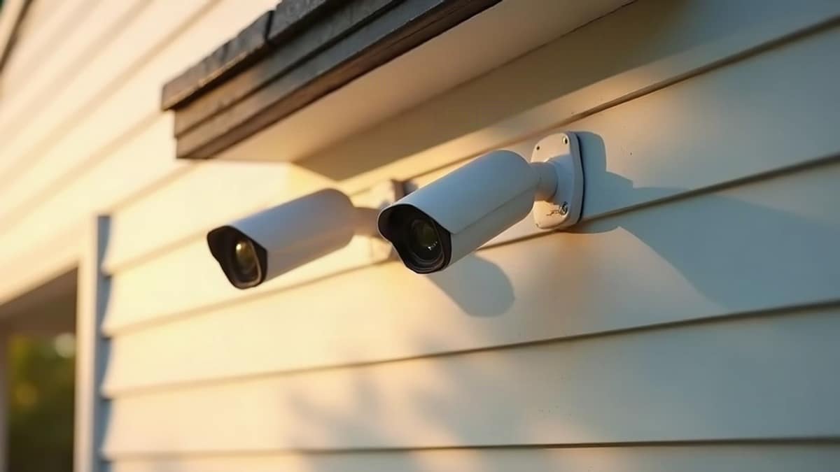 Side-by-side outdoor security cameras mounted on a home exterior representing ADT and Vivint monitored camera options