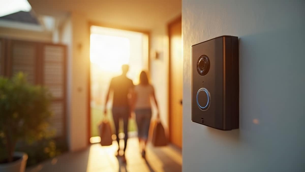 A modern kitchen with an air fryer on the counter next to a smart home security panel display