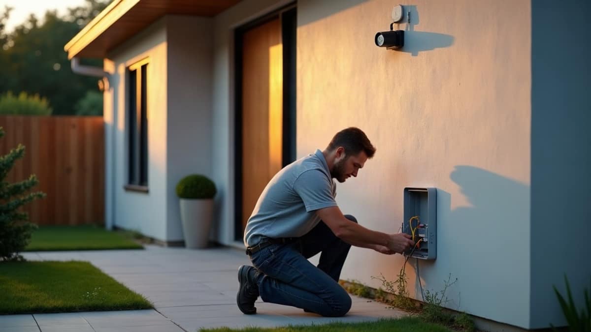 Fiber-optic internet cables running alongside a modern home network setup with a security camera in the background