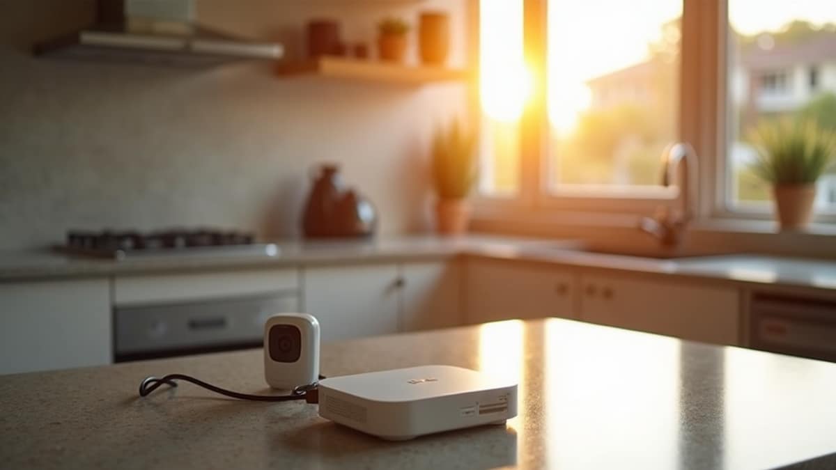 A portable power station sitting on a table next to a smart home security panel and router during a home power outage