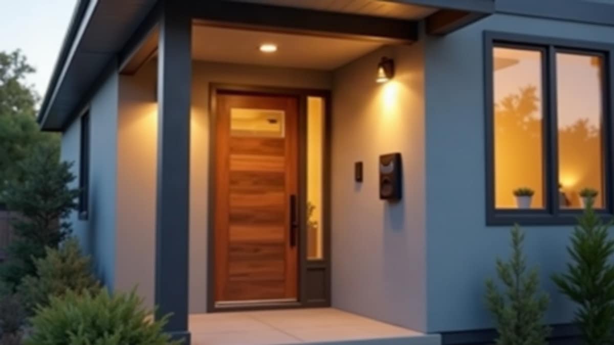 A smart home router and security camera connected in a modern living room, representing reliable internet for home security