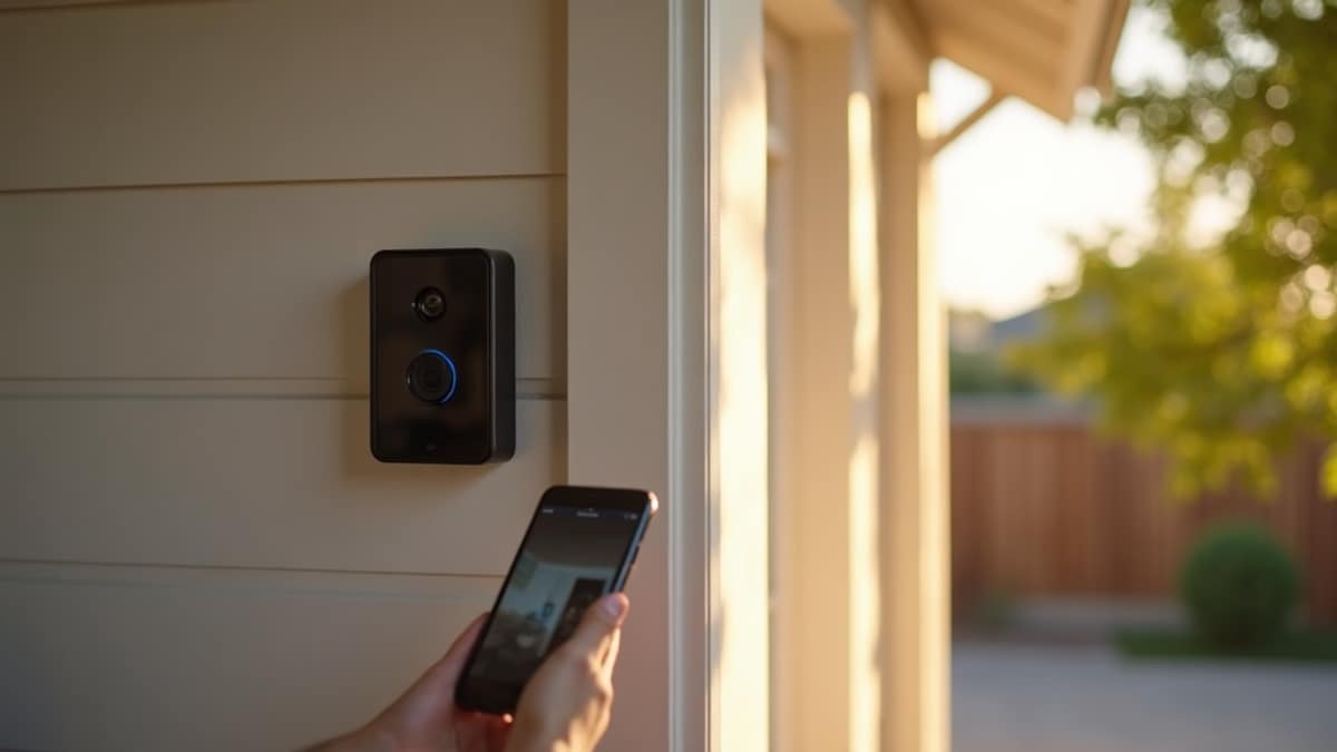 A modern smart video doorbell mounted beside a front door with a smartphone showing the live camera feed