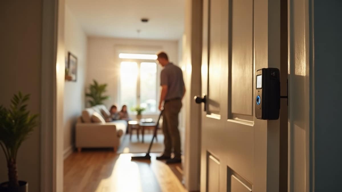 A homeowner doing a fall checklist that includes both a vacuum and a home security control panel