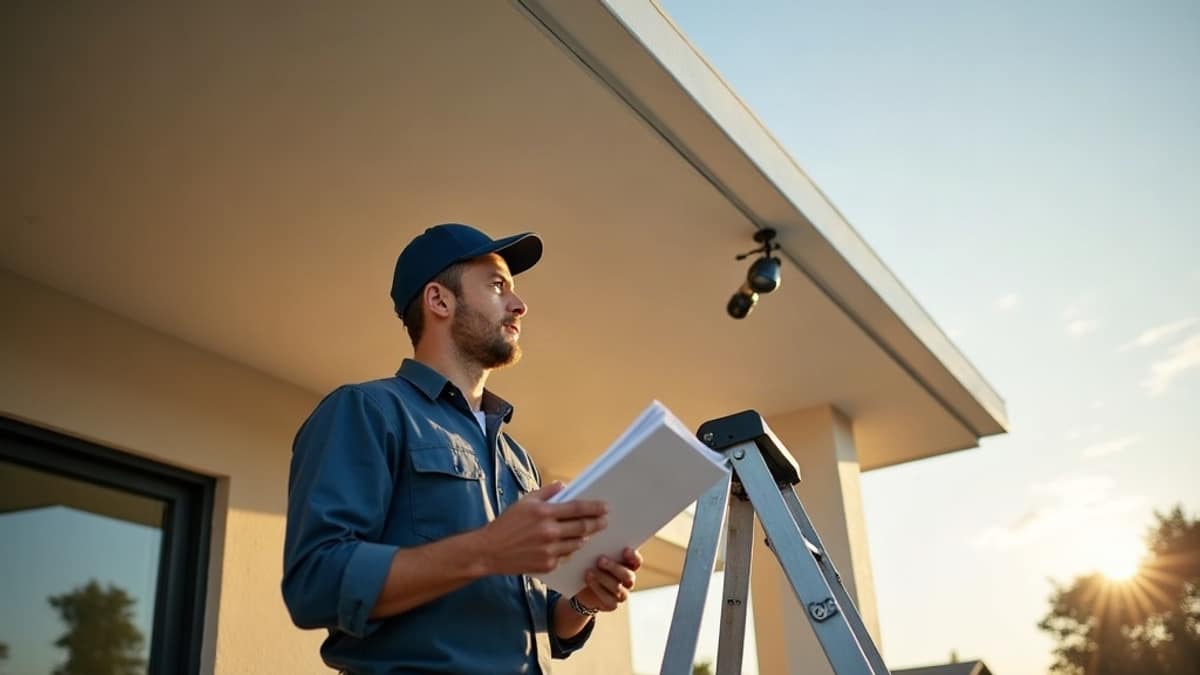 A homeowner comparing a security camera spec sheet to the actual camera device on a table