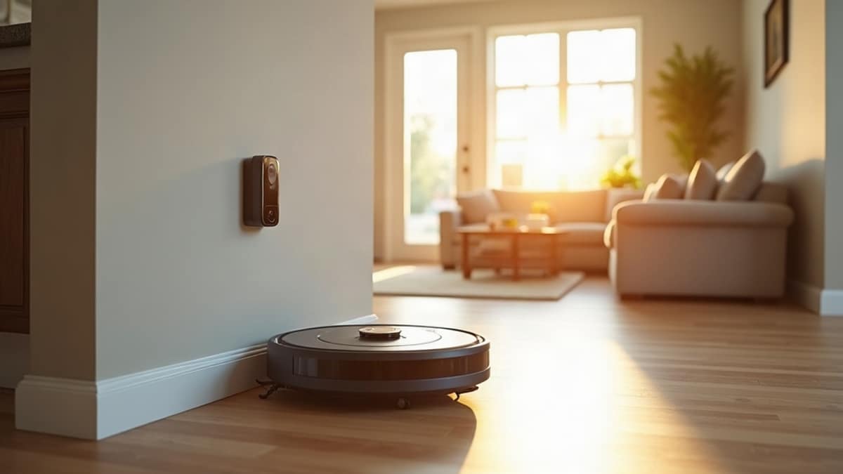 A robot vacuum and a smart home security camera shown together in a modern living room, representing convenience and protection working side by side