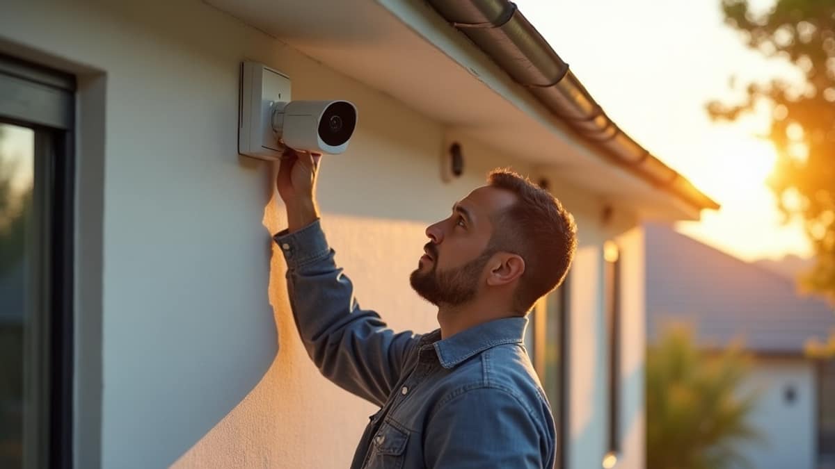 Outdoor security camera mounted on a home exterior wall with a smartphone showing a camera app in the foreground