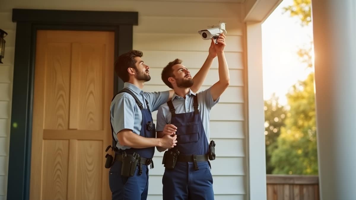 A professional security technician installing a door sensor next to a homeowner reviewing a DIY camera box on a table