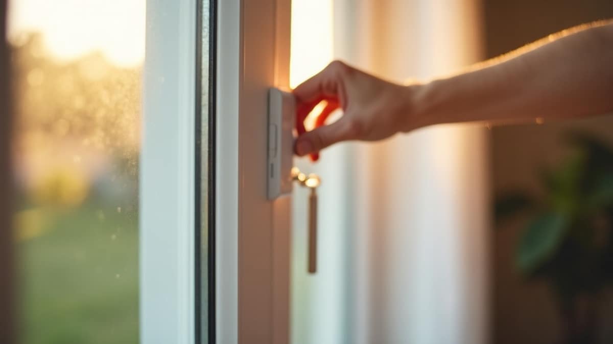 Close-up of a white door and window sensor installed on a home window frame