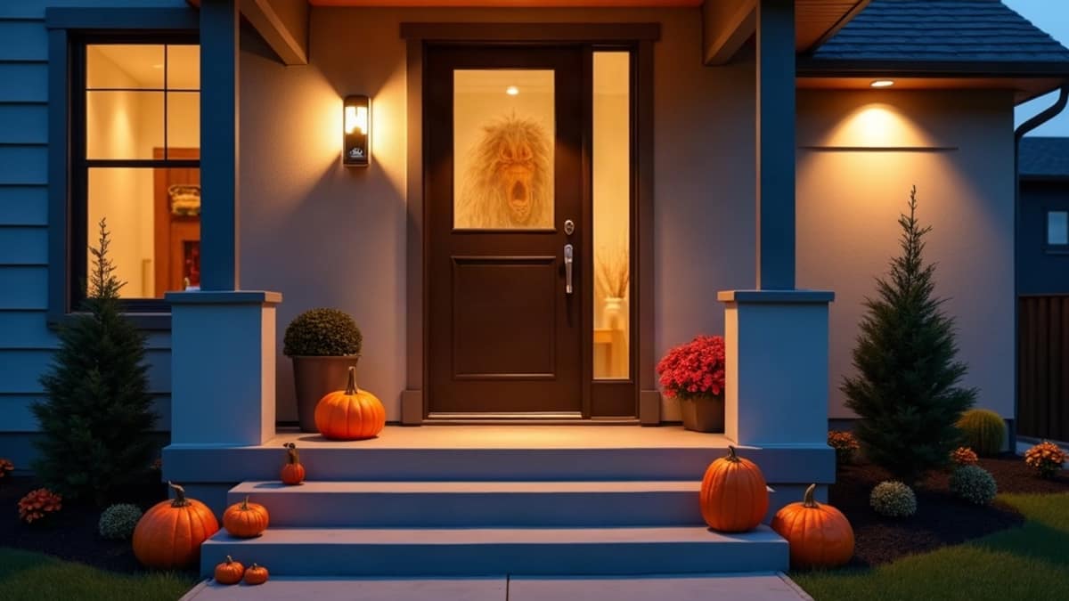 A porch decorated for Halloween with pumpkins and string lights next to a visible doorbell camera