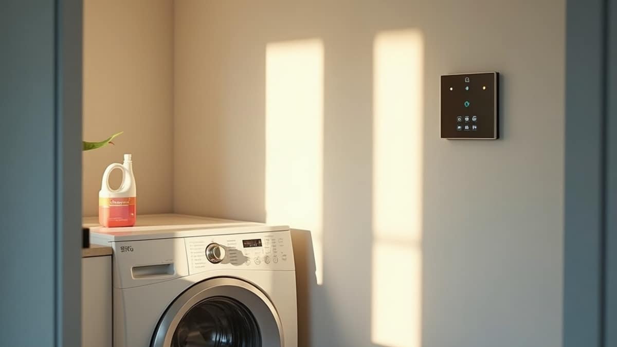 A tidy laundry room next to a smart home security keypad, symbolizing everyday habits and home protection