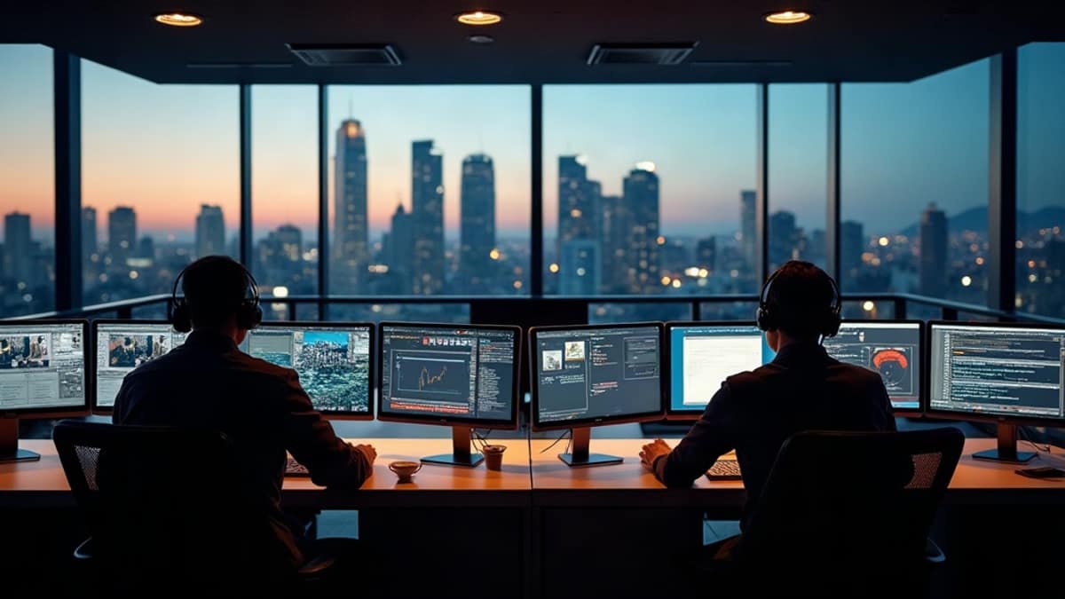 Monitoring center agents at workstations viewing alarm signal alerts on multiple screens