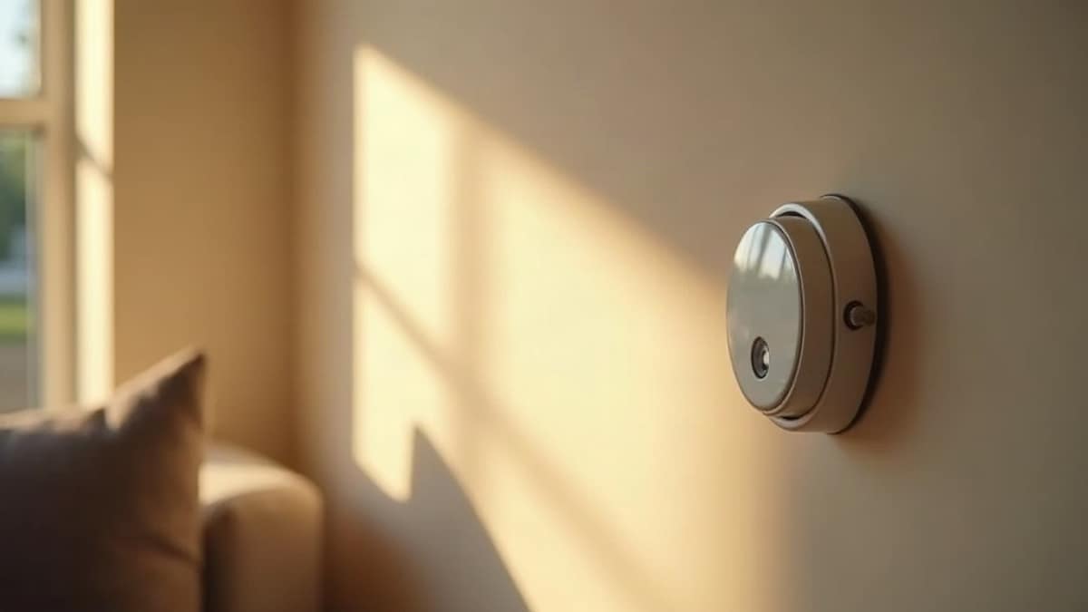 Close-up of a glass break sensor mounted on a wall near a home window