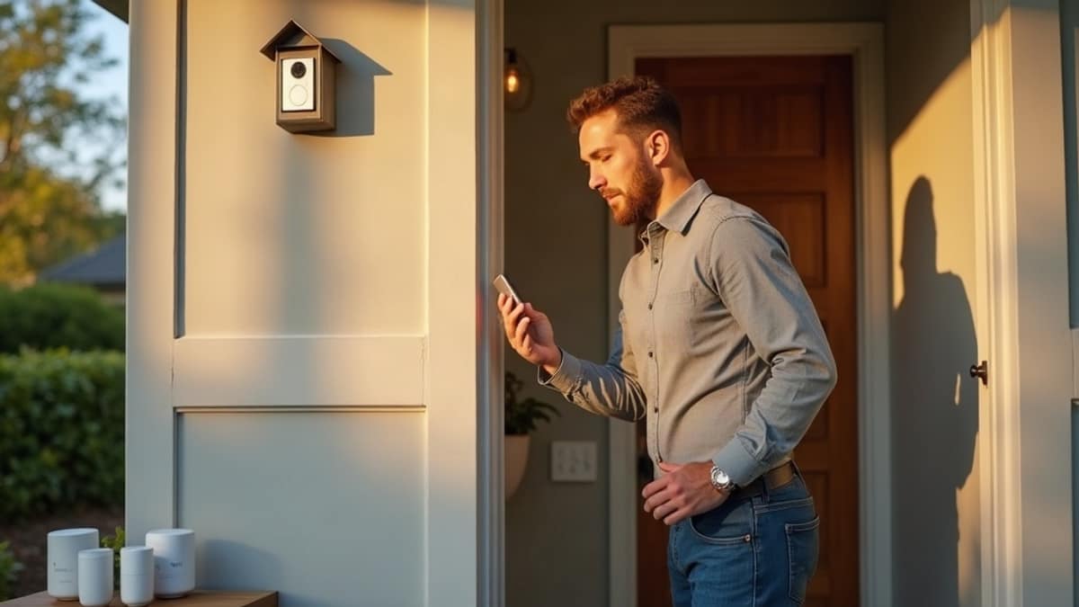 Homeowner using a tablet to control smart home devices including lights, thermostat, and security cameras