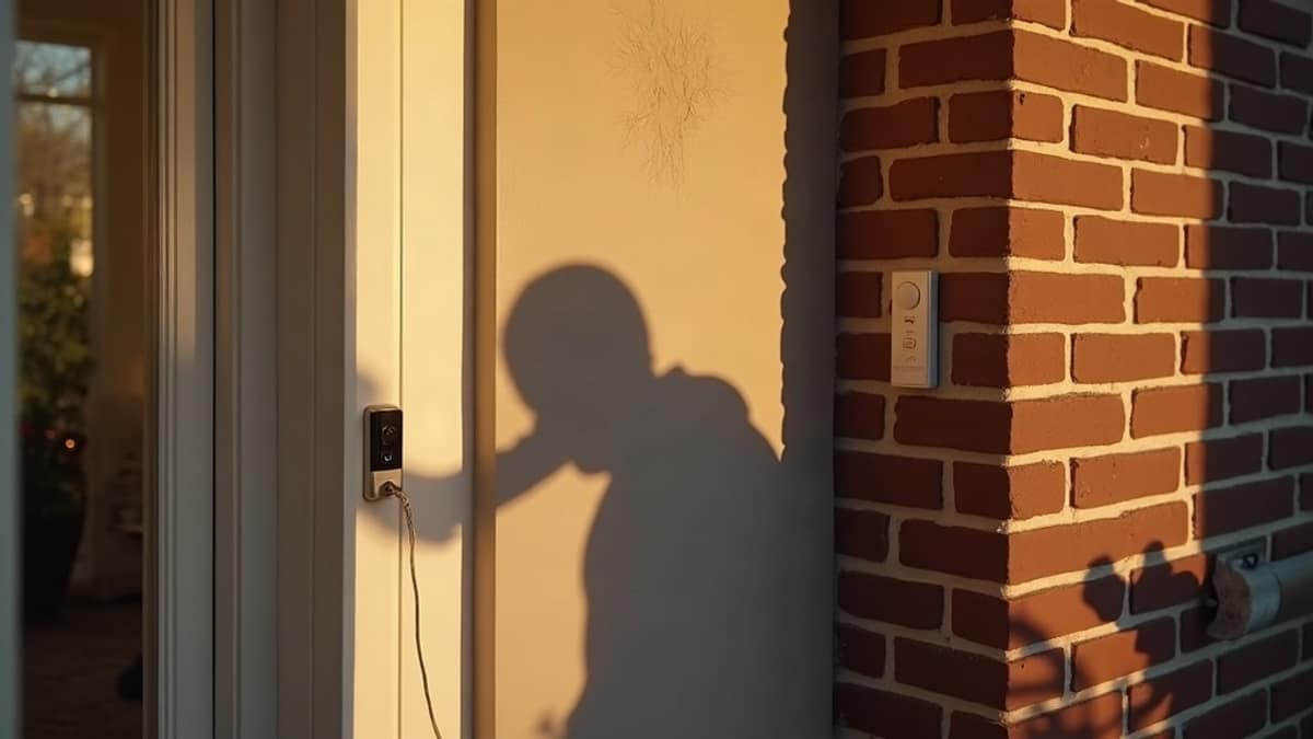 A modern video doorbell mounted beside a front door, connected to a smart home security app on a phone.