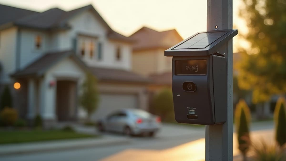 A solar powered license plate reader camera mounted on a pole above a suburban street