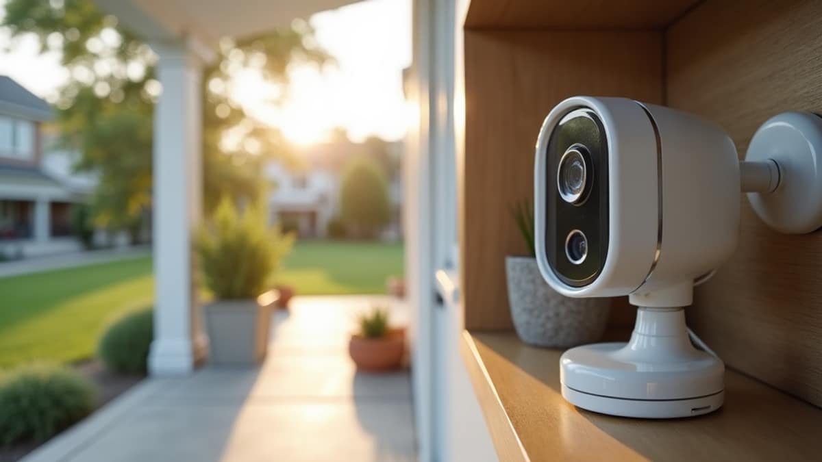Split-view illustration of a home showing a weatherproof outdoor security camera on the porch and an indoor camera in the living room