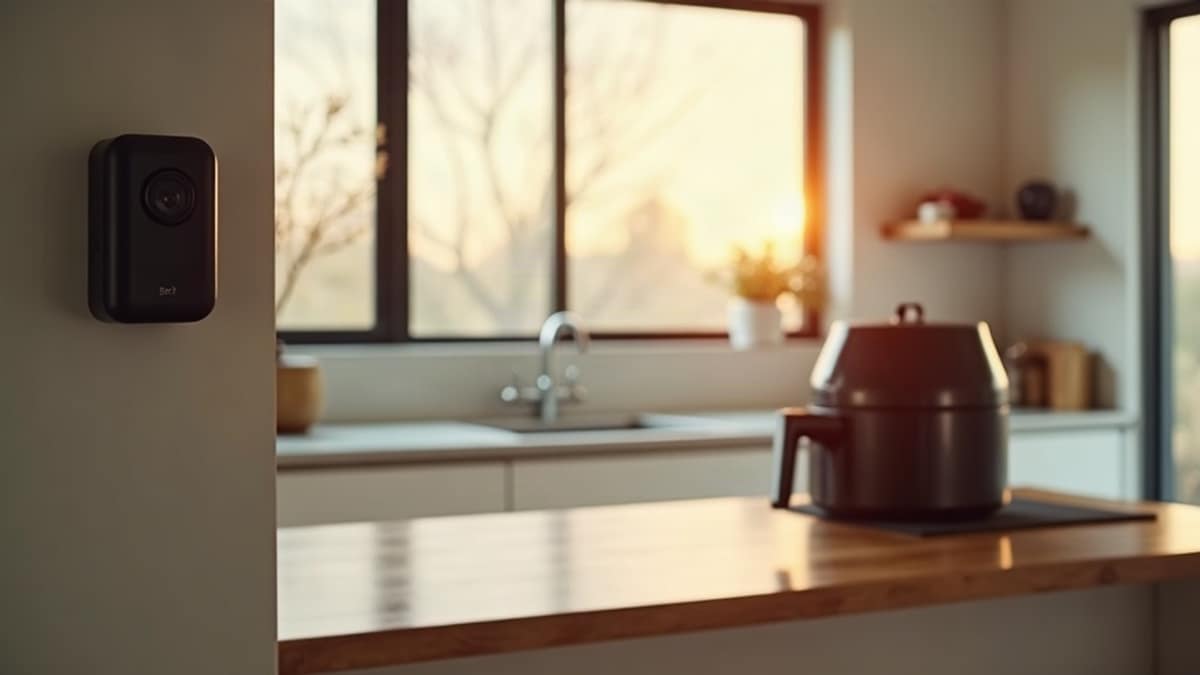 A modern kitchen with an air fryer on the counter and a smart smoke detector on the ceiling
