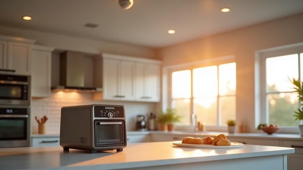 A modern kitchen countertop with an air fryer toaster oven combo next to a smart smoke detector on the ceiling