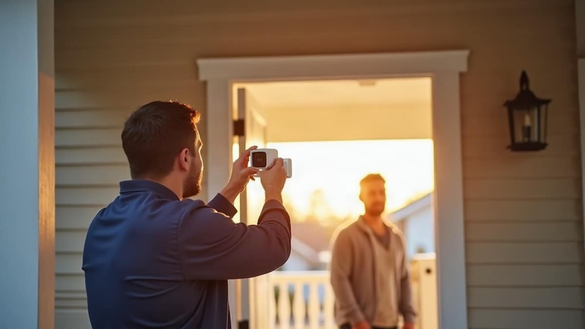 A homeowner comparing a boxed DIY security kit with a professionally installed security panel on the wall