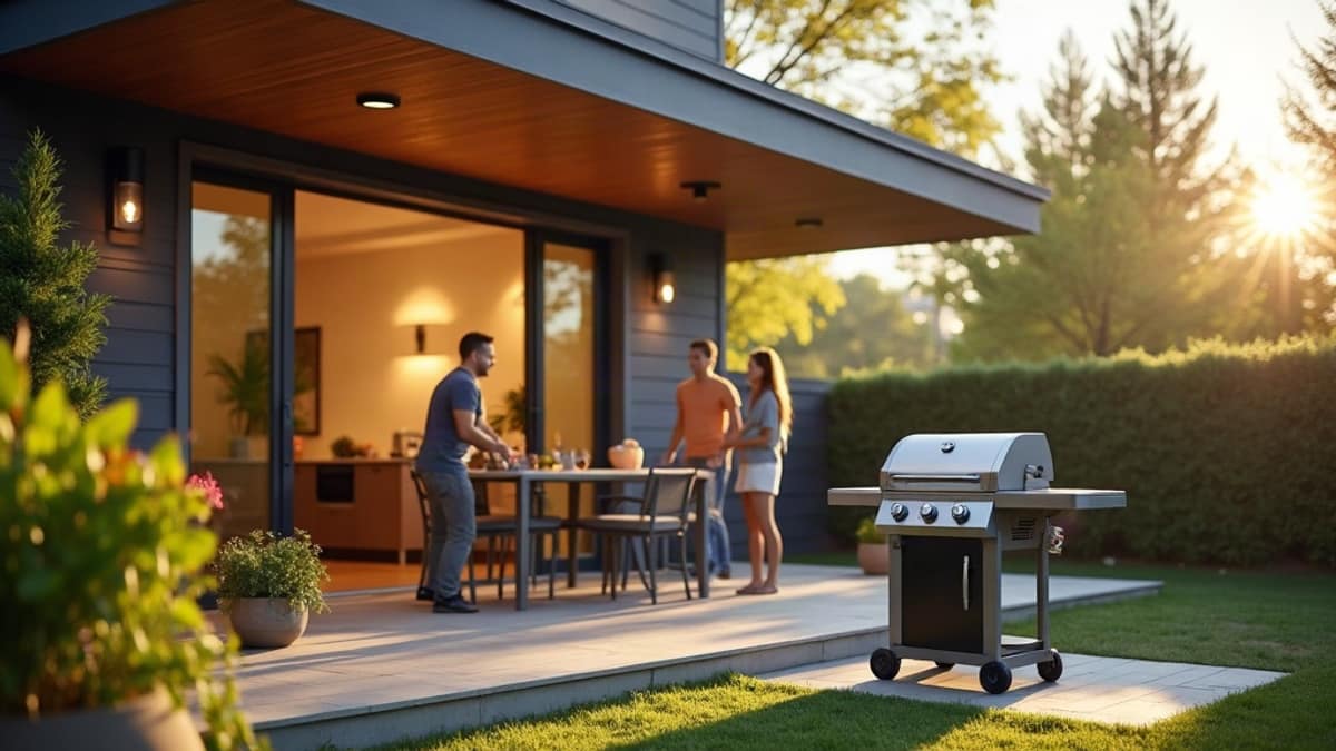 A backyard patio with a grill and an outdoor security camera mounted nearby during a Labor Day cookout