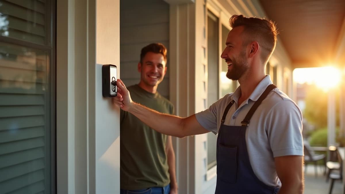 A homeowner comparing home security system options on a tablet at a kitchen counter