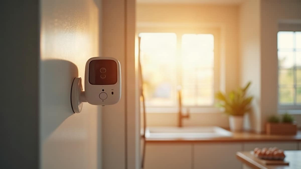 A carton of eggs next to a smart home hub and phone showing a home security app on a kitchen counter