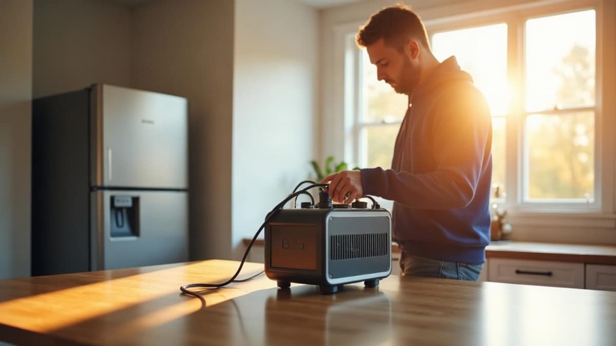 Portable power station connected to a home router and security camera during a power outage
