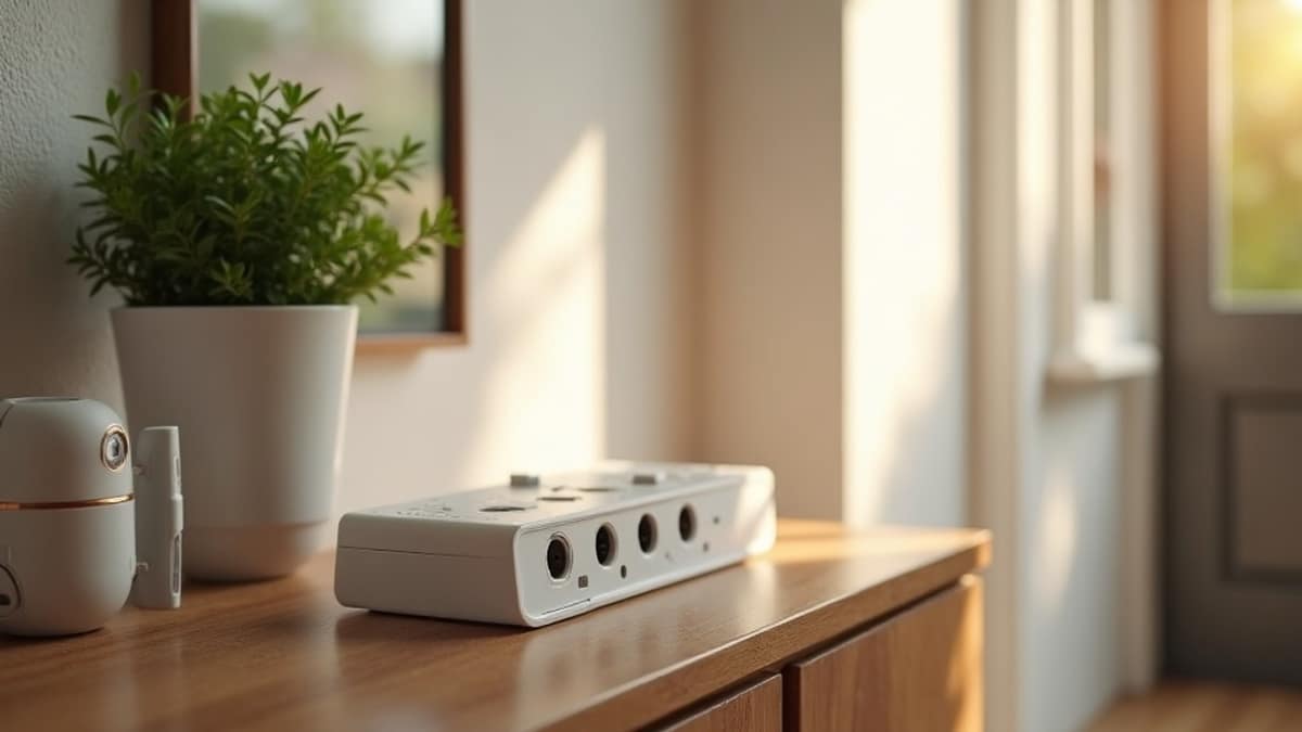 A modern power strip with USB ports charging multiple smart home devices on a countertop