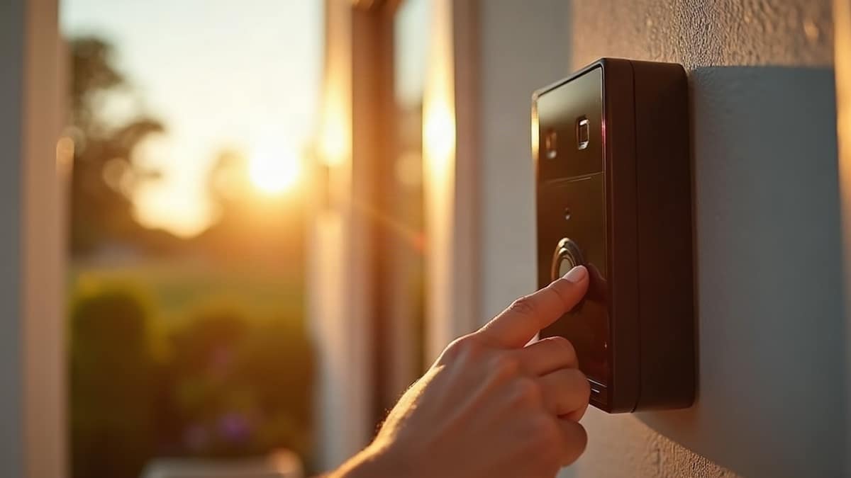 A modern video doorbell mounted beside a front door with a smartphone showing a live camera alert