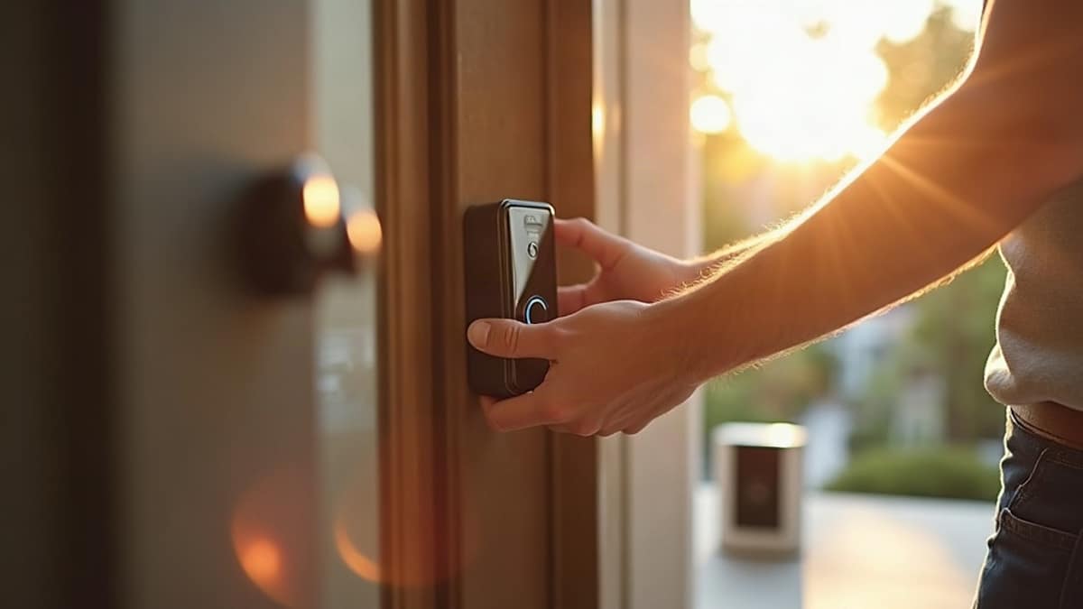 A modern front door with a video doorbell camera mounted beside it, illustrating a comparison of Ring, Arlo, and Nest doorbell cameras.