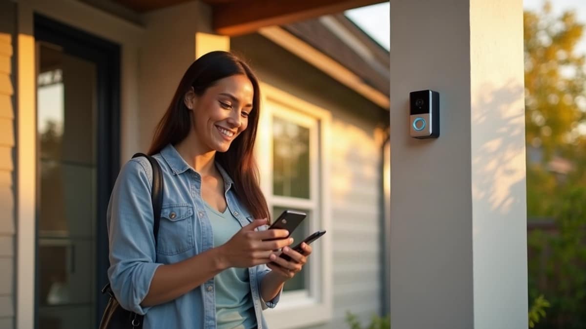 A smart doorbell camera mounted beside a front door, representing home security camera technology
