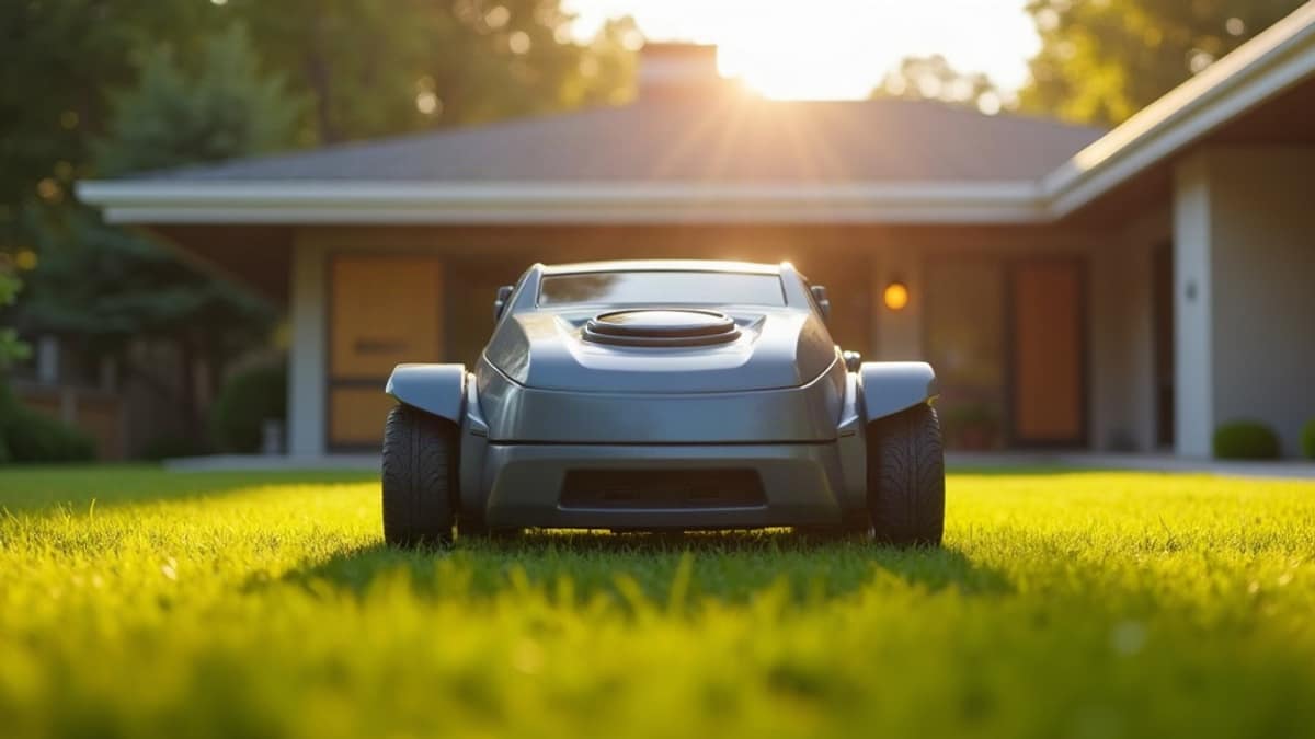 A robot lawn mower working in a backyard with a smart home security camera visible on the house in the background