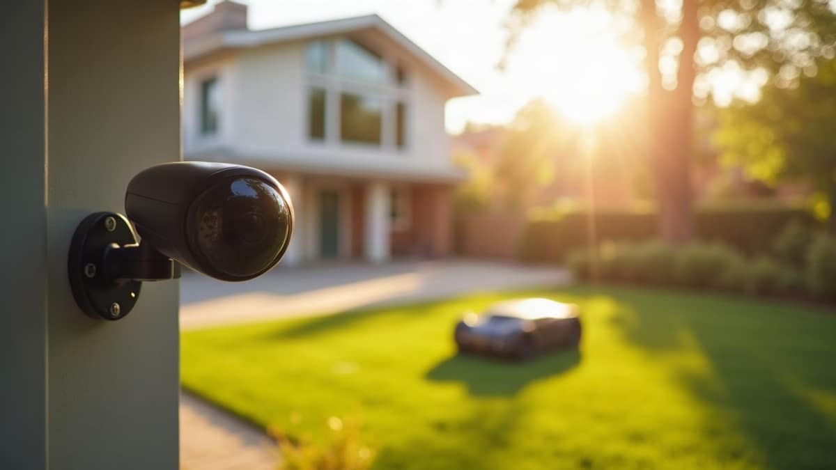 A robot lawn mower with app control navigating a green backyard lawn near a home