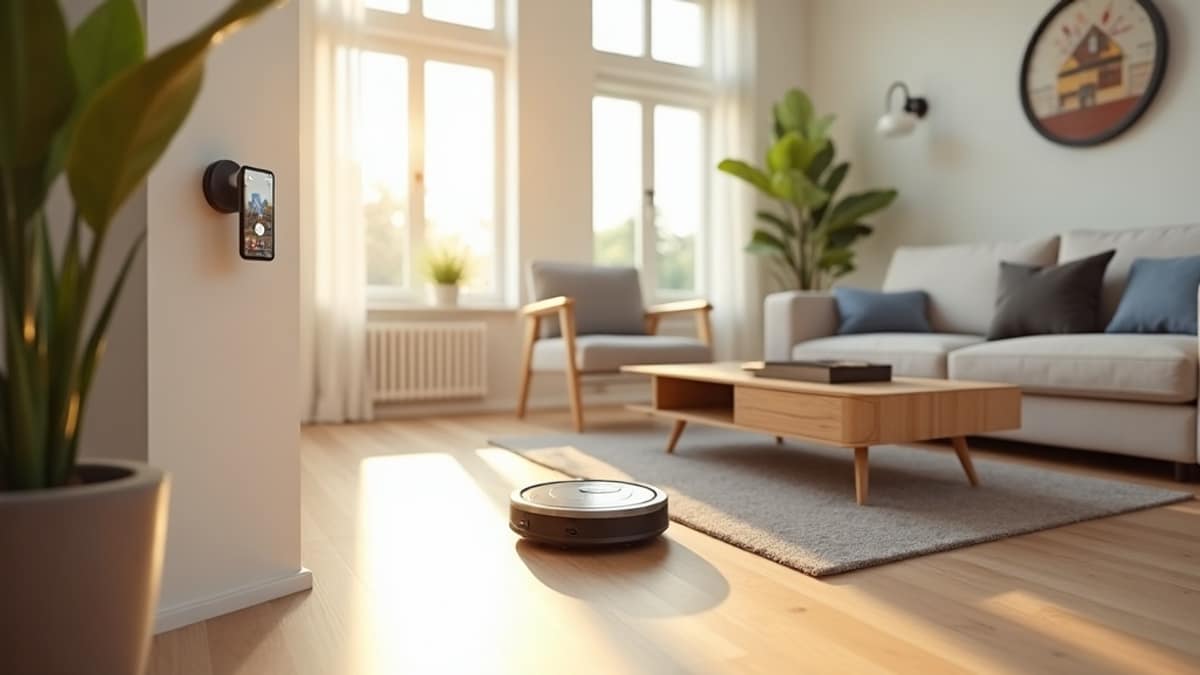 A robot vacuum cleaning a living room floor with a smart home security camera visible in the background