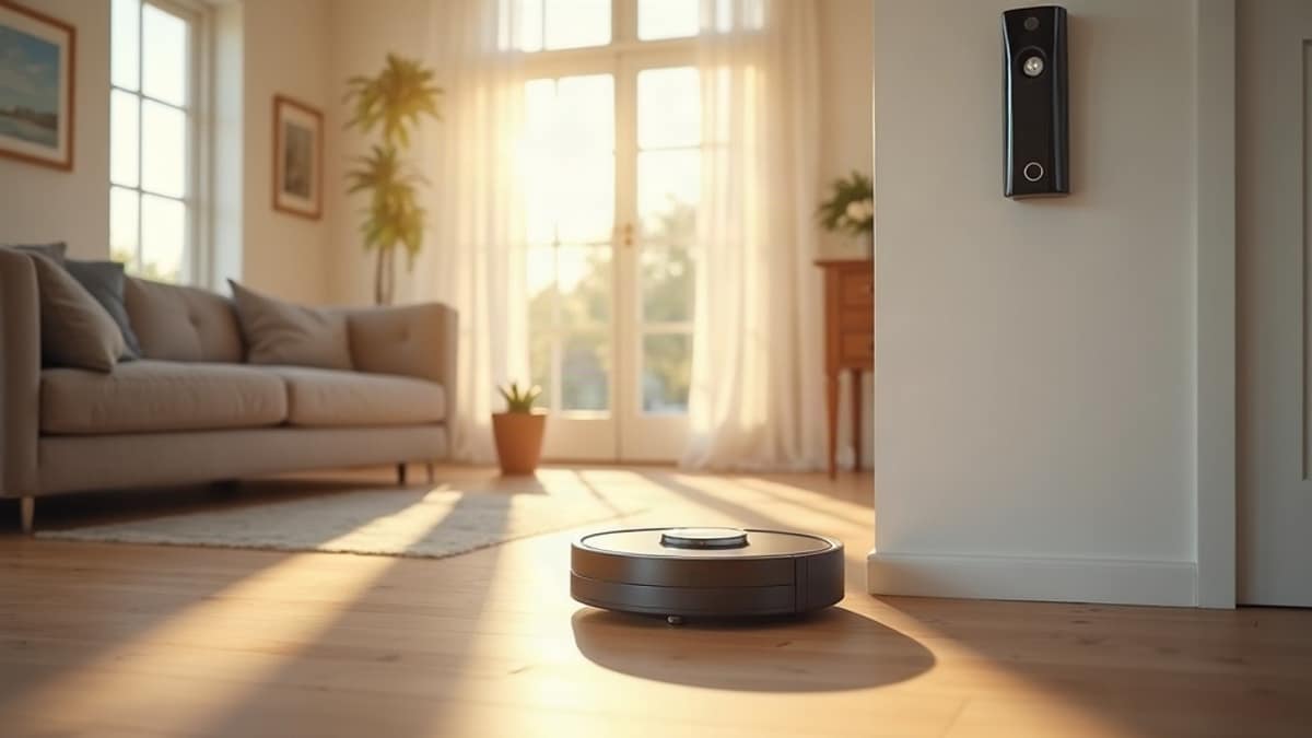 A modern living room with a robot vacuum cleaning the floor near a smart home security panel on the wall