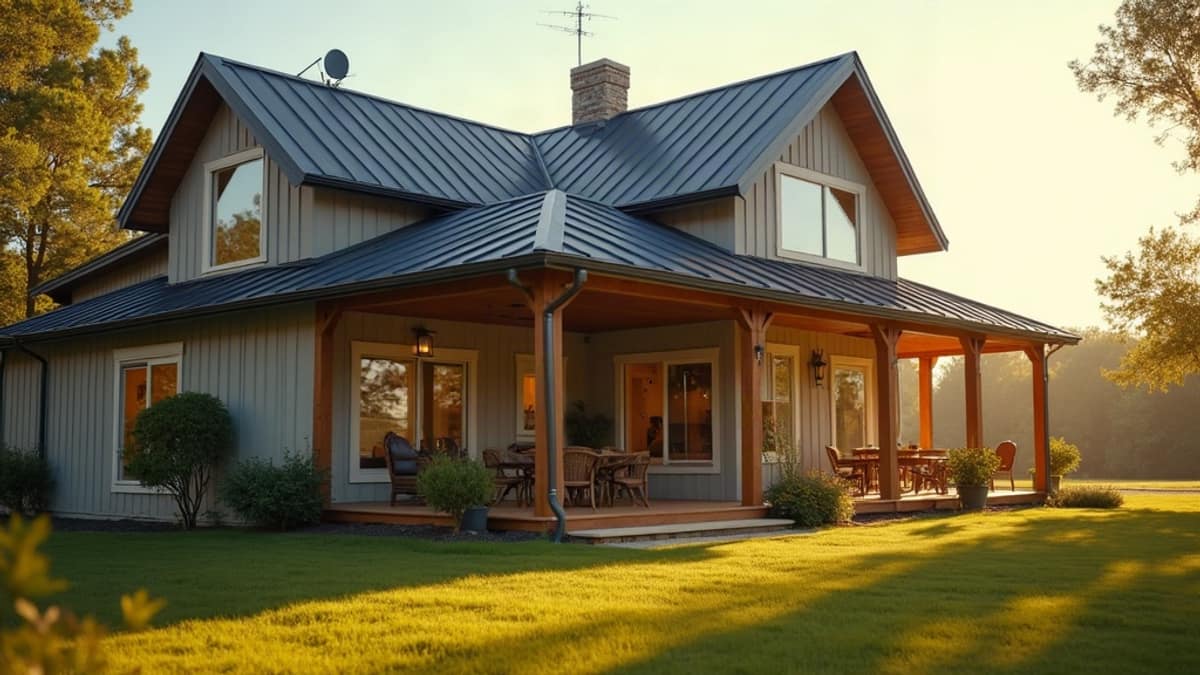 A rural home with a satellite dish and a smart security camera mounted near the front door
