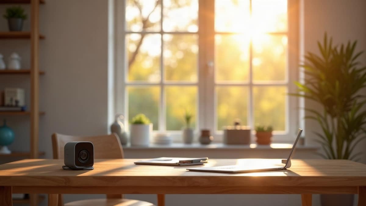 A tidy home office desk with a laptop, smart lamp, and smart plug, with a security camera visible near the window