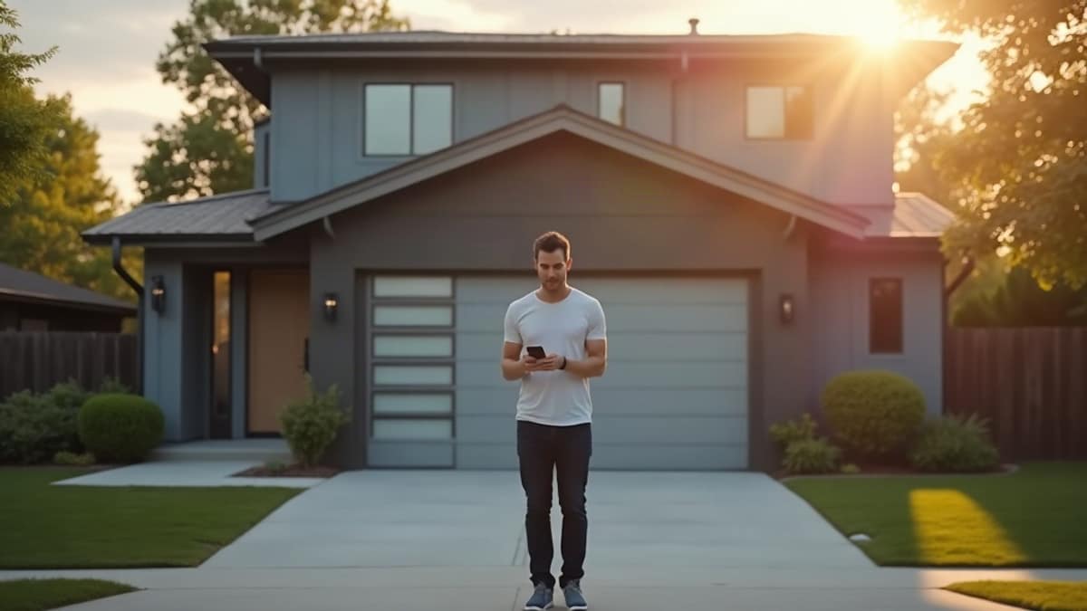A smartphone displaying a garage door control app in front of a home garage at dusk