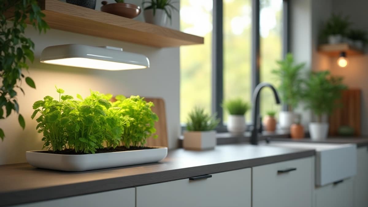 A modern kitchen countertop indoor smart garden growing fresh lettuce and herbs under LED grow lights