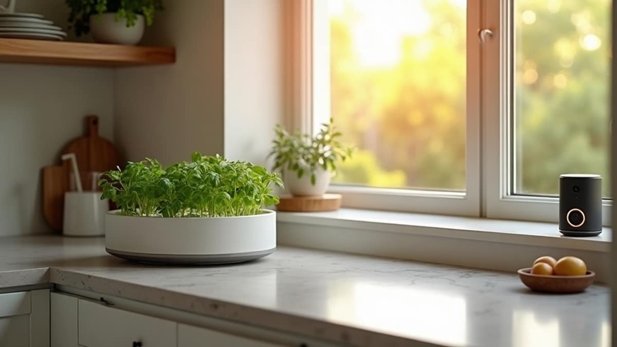A modern kitchen countertop with a smart indoor garden next to a smart home security control panel on the wall