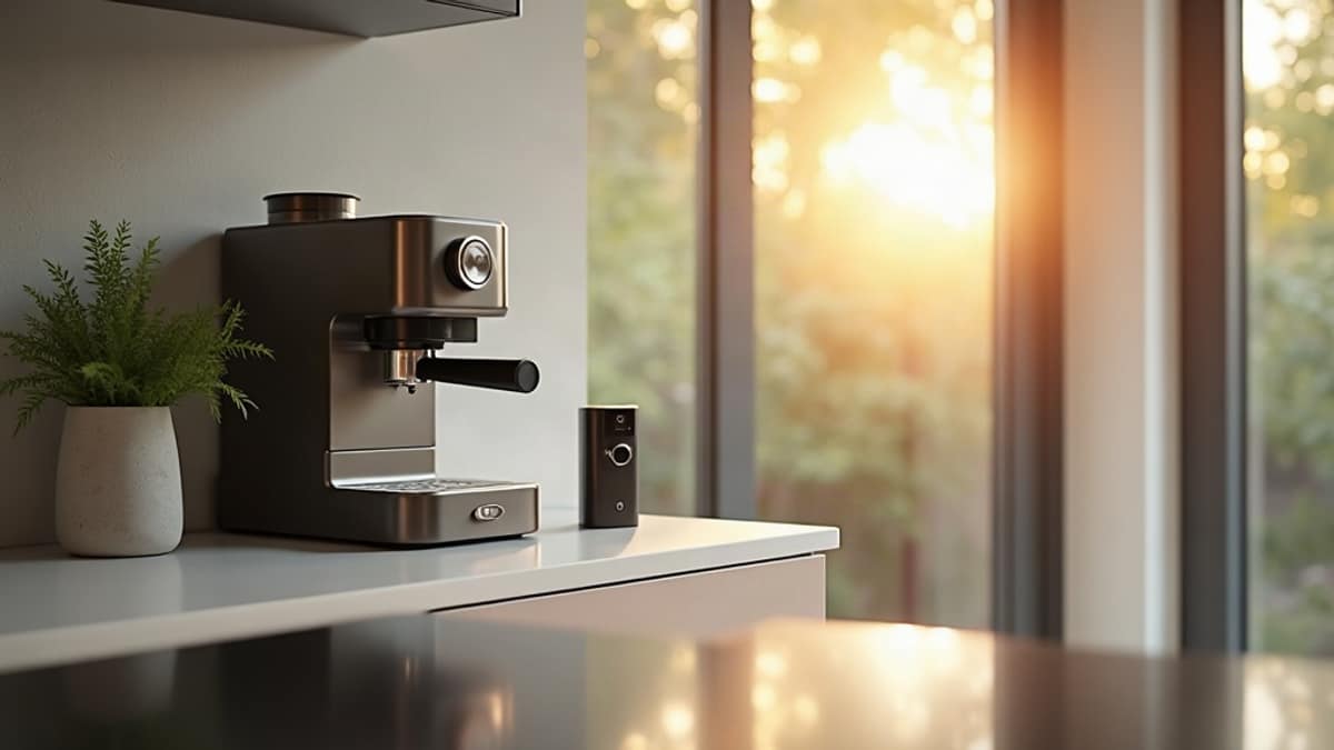 A modern kitchen with a smart espresso machine on the counter and a smart home security panel visible nearby
