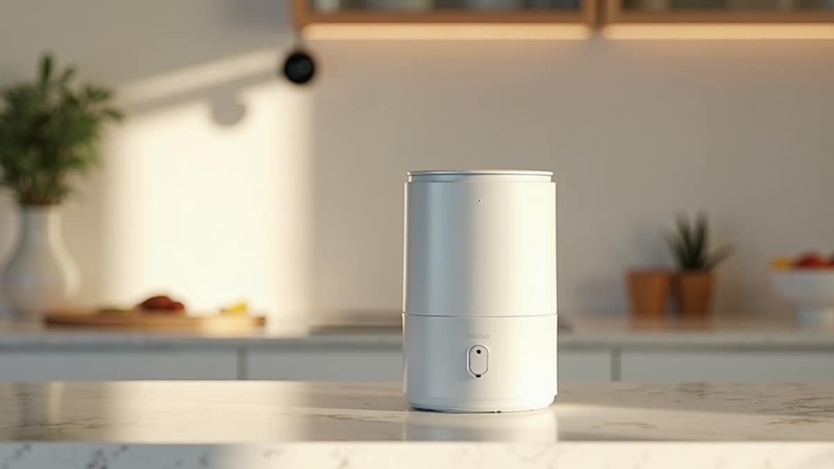 Modern kitchen with smart appliances and a connected home security camera in the background