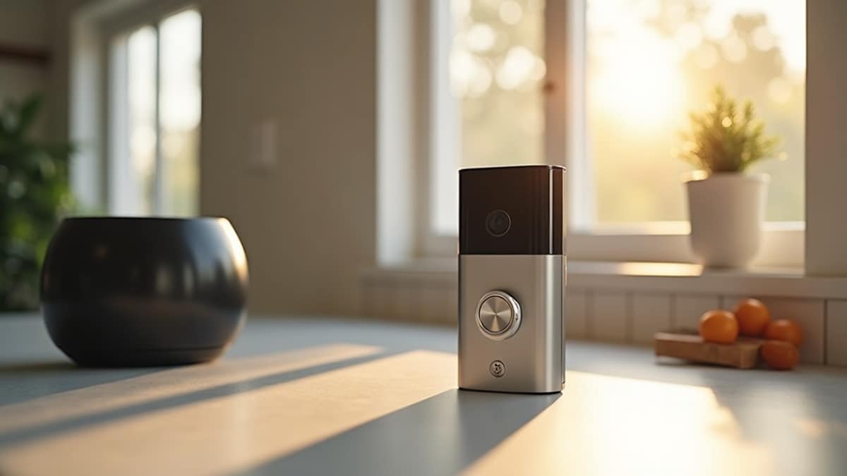 A modern kitchen with a smart air fryer on the counter and a smart home security panel visible nearby