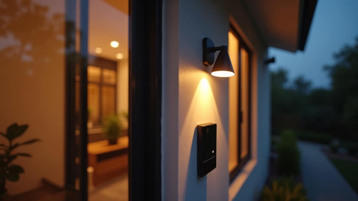 Smart light strip glowing in a modern living room at dusk with a security camera visible near the window