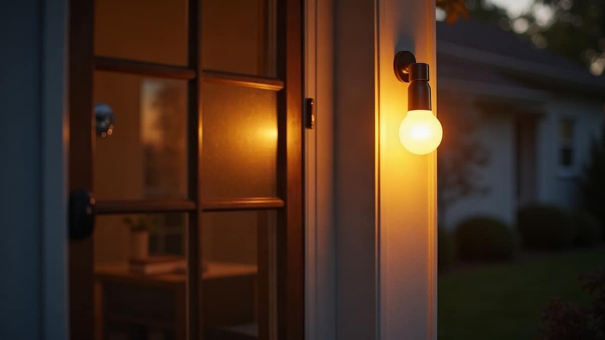 A warmly lit living room at dusk with smart color-changing bulbs glowing near a window, evoking a cozy fall evening.